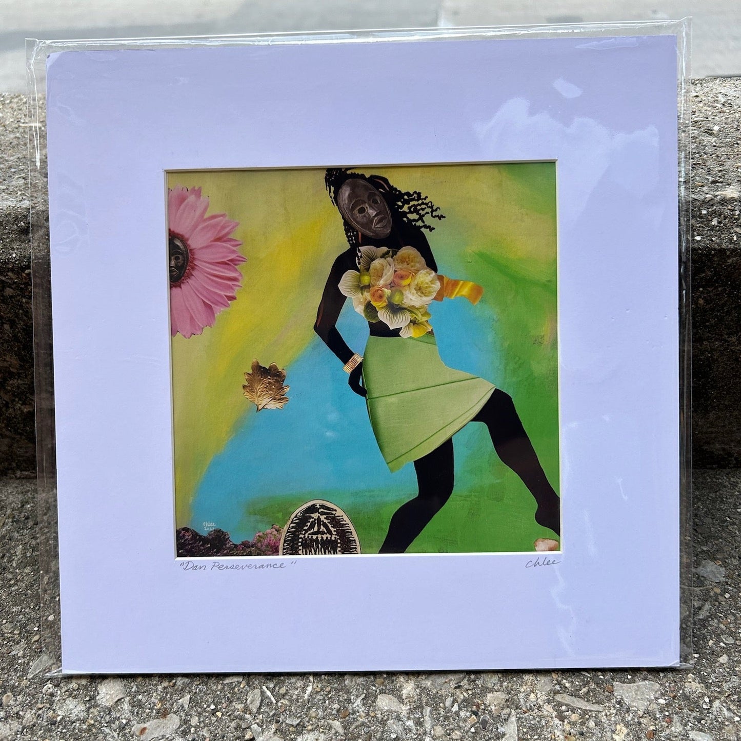 Print of a woman wearing flower dress, walking.